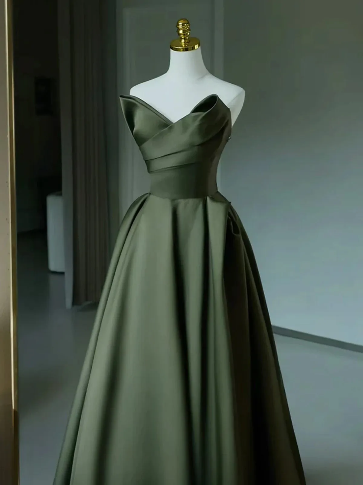 Green Satin A-line V-neckline Long Formal Dress, Green Satin Prom Dress