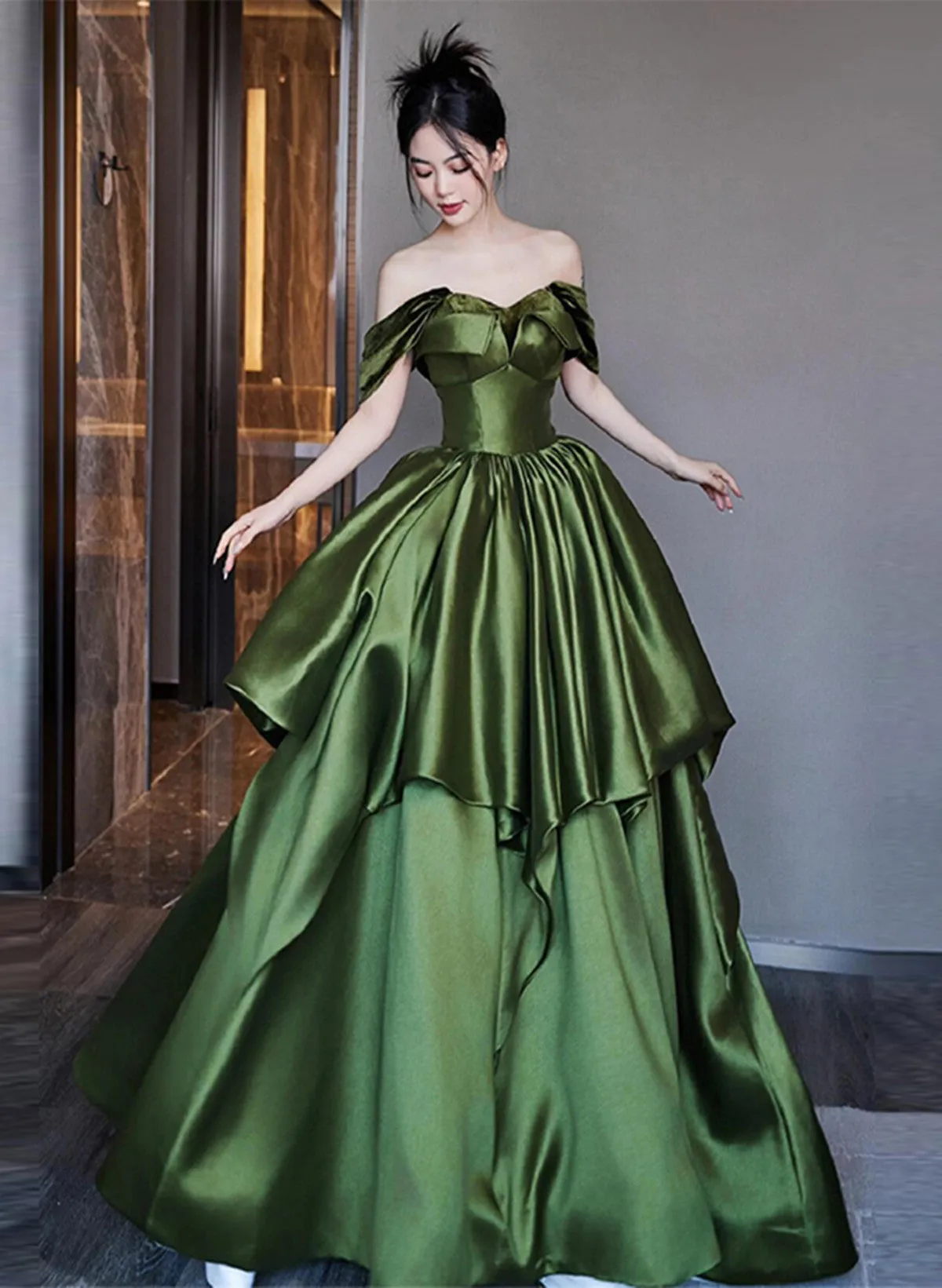 Green Satin Long Off Shoulder Princess Formal Dress, Green Satin Prom Dress