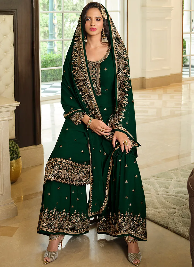 Green Sequence Embroidery Festive Gharara Style Suit