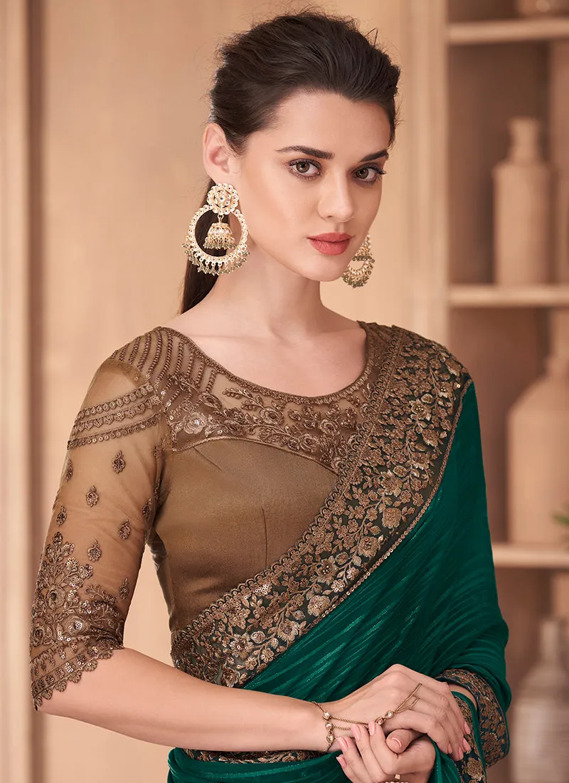 Green Sequence Embroidery Traditional Wedding Saree