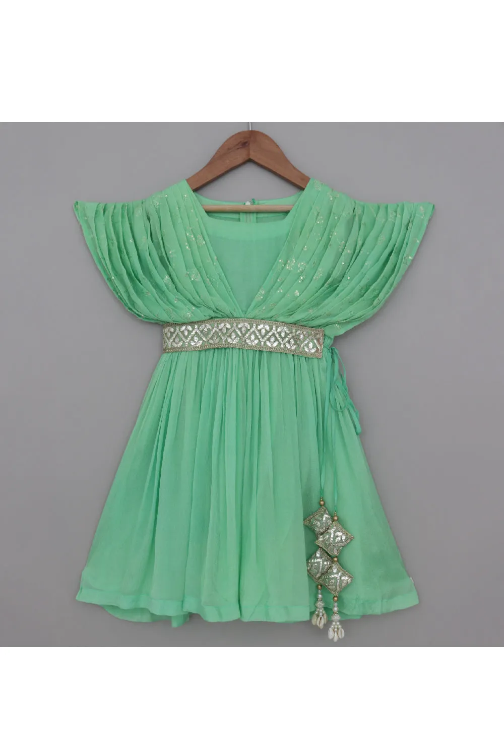 Green Sequins Work Gown With Embroidered Belt