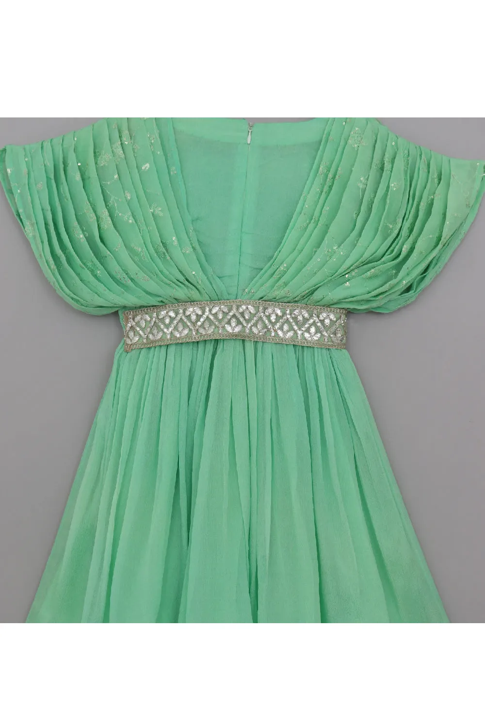 Green Sequins Work Gown With Embroidered Belt