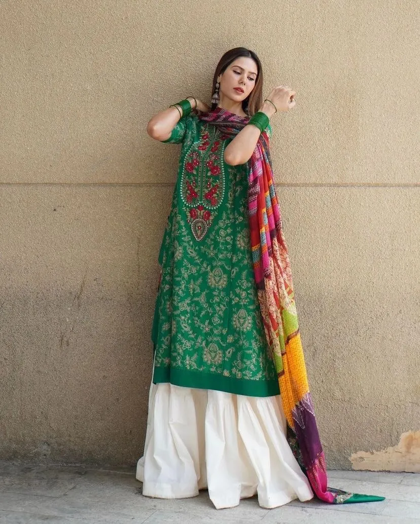 Green Sharara Palazzo Set in Jam Cotton with Embroidery Work