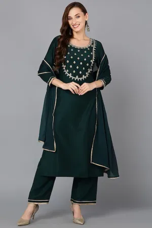 Green Silk Blend Solid Straight Suit Set