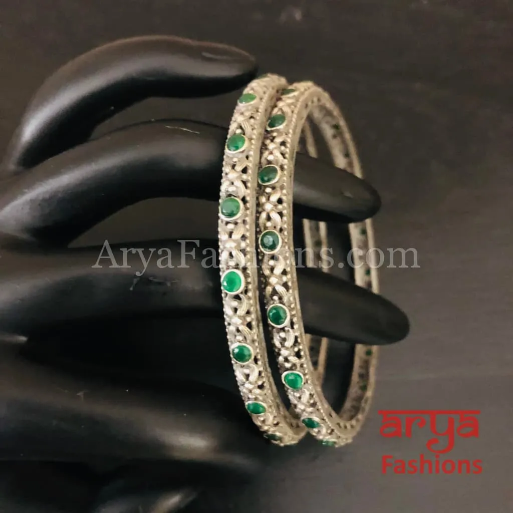 Green Silver Oxidized Bangles with emerald green stones, Pair of 2 Bangles