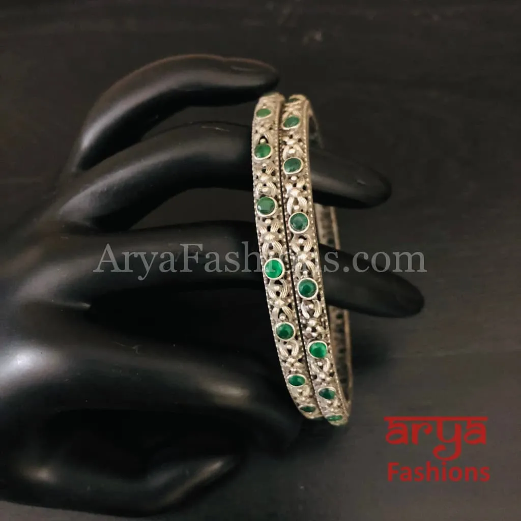 Green Silver Oxidized Bangles with emerald green stones, Pair of 2 Bangles