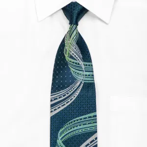 Green Silver Waves & Geometric On Navy Rhinestone Tie With Silver Sparkles