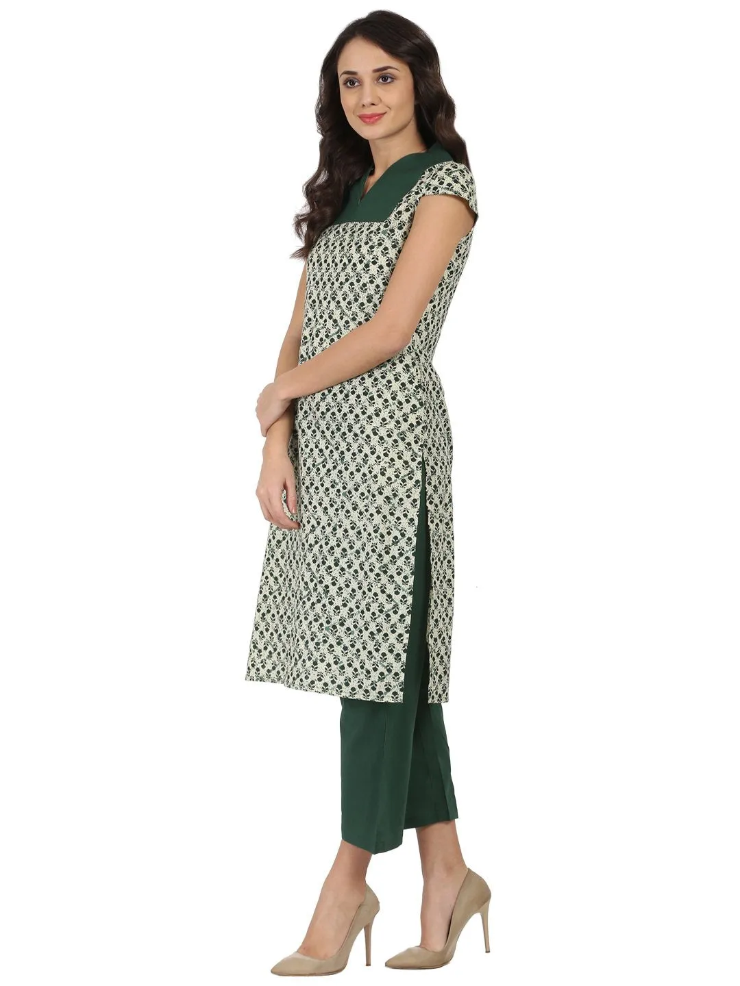 Green Sleeveless cotton Kurta with green palazzo