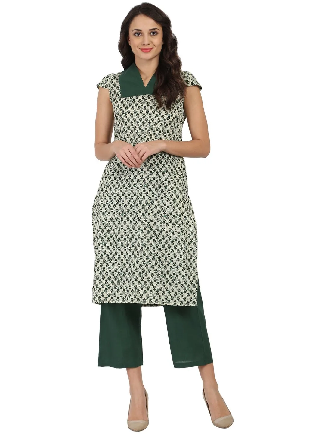 Green Sleeveless cotton Kurta with green palazzo