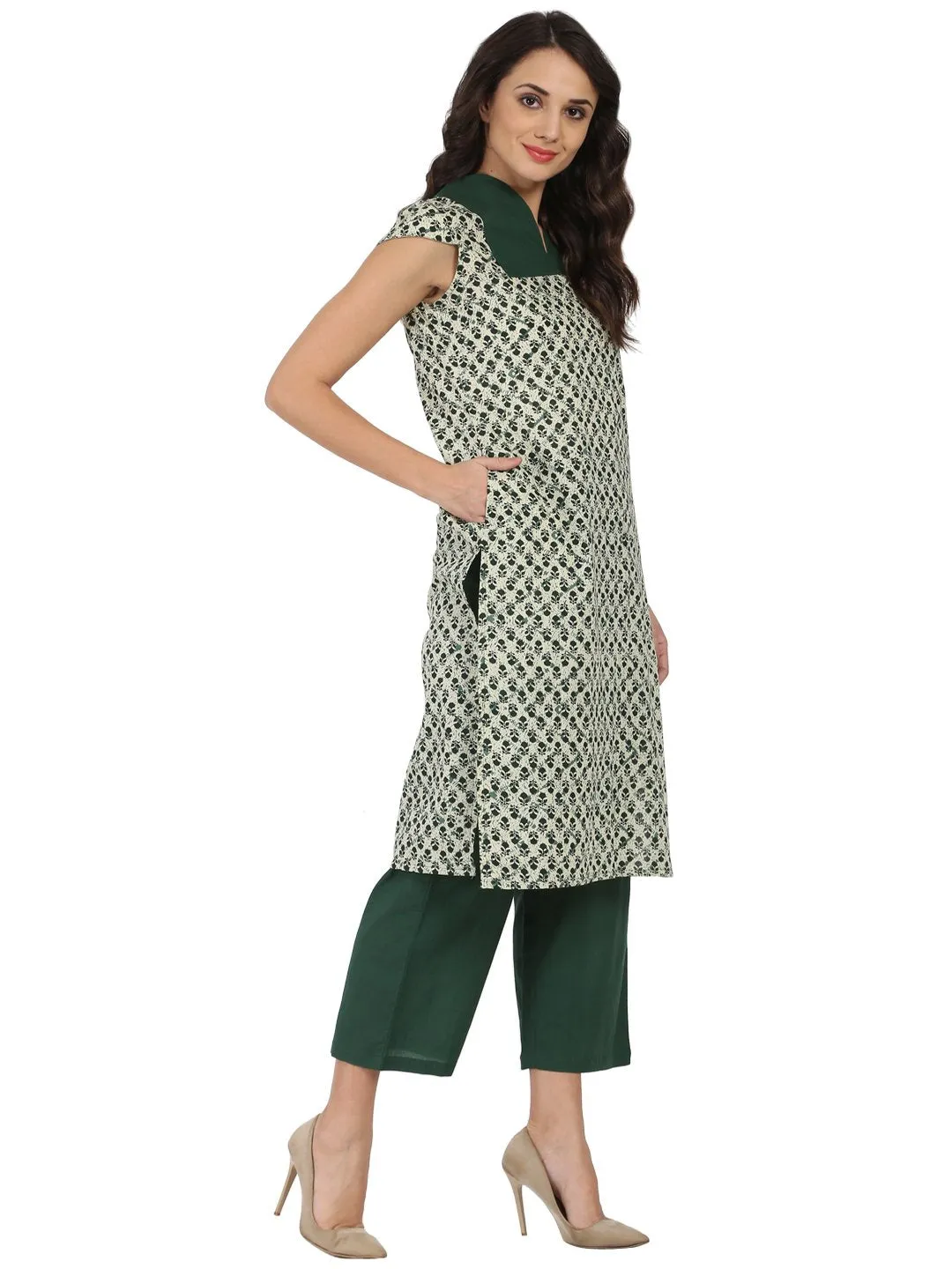 Green Sleeveless cotton Kurta with green palazzo