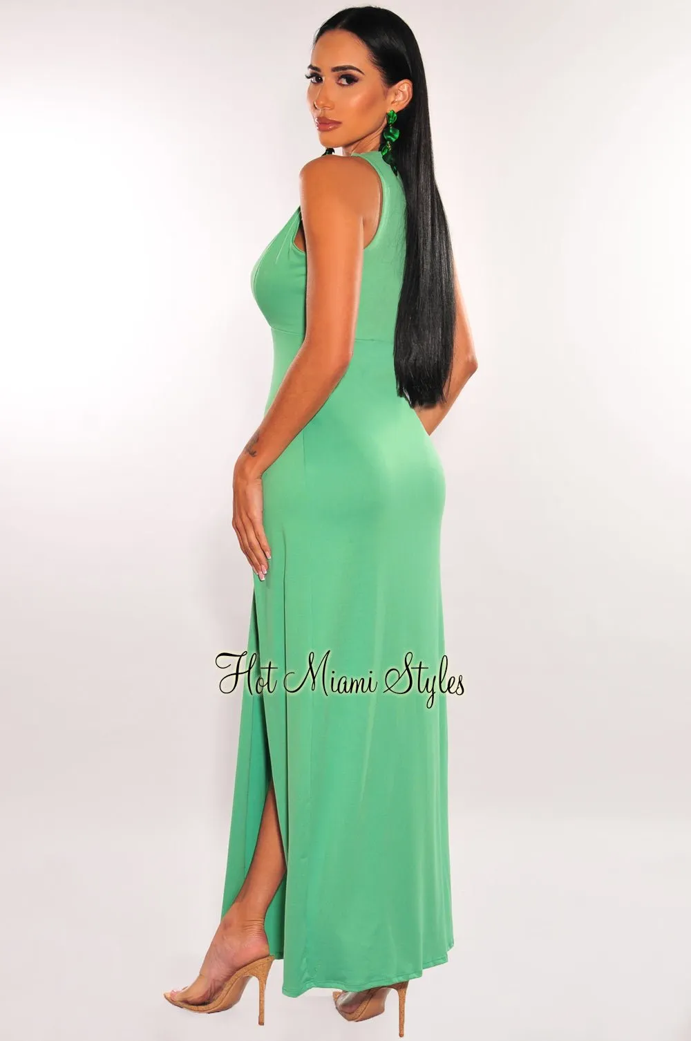 Green Sleeveless V Neck Double Slit Cover Up Maxi Dress