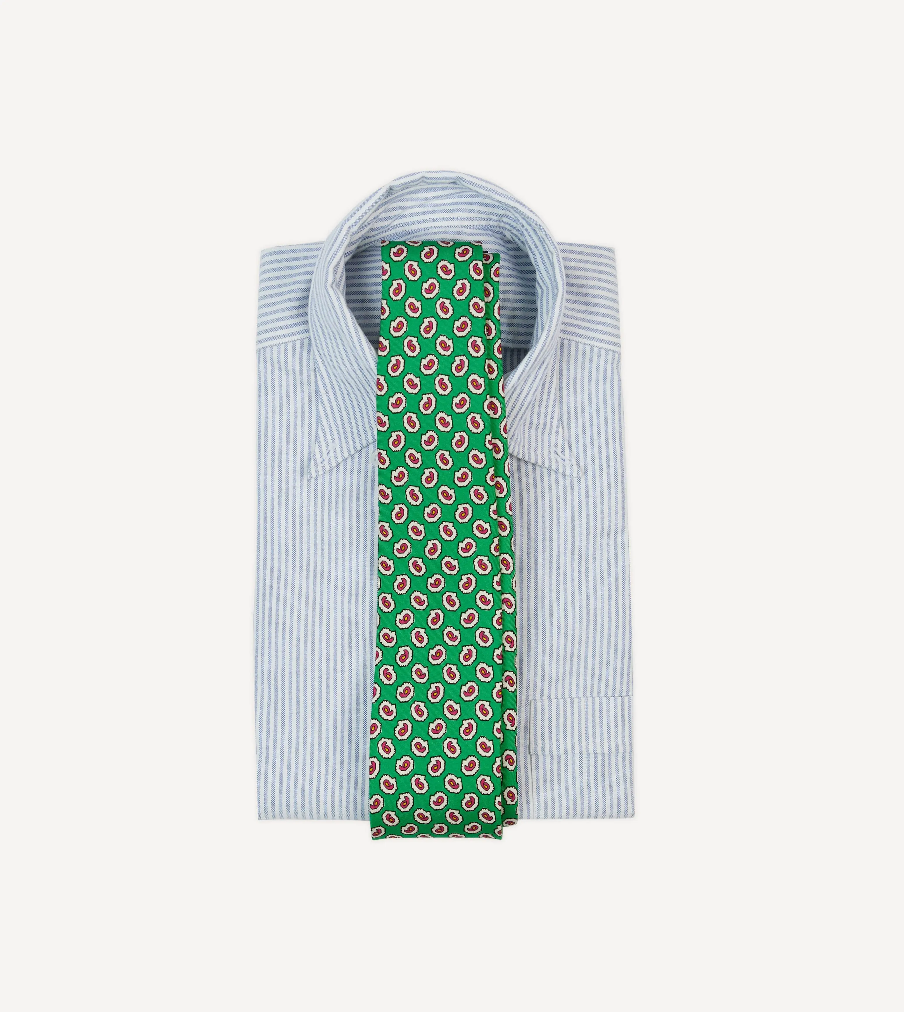 Green Small Paisley Leaf Print Silk Self Tipped Tie