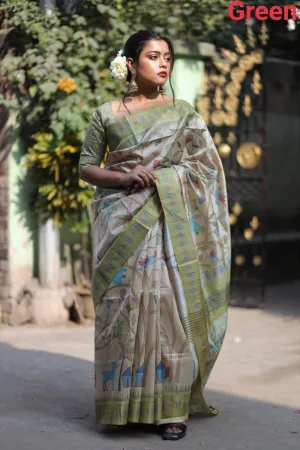 Green Soft Tusser Silk Saree