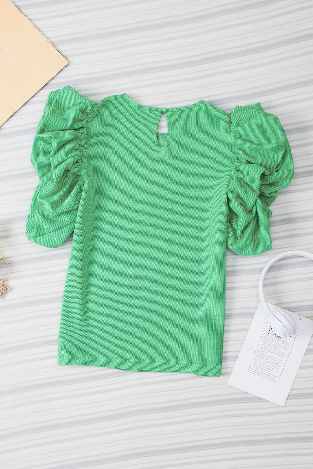 Green Solid Color Ruffle Sleeve Ribbed Blouse