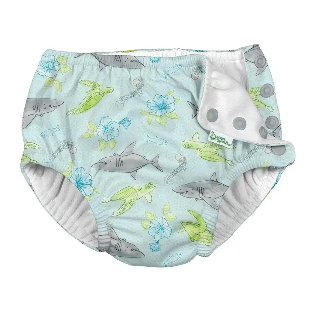 Green Sprouts Snap Reusable Absorbent Swimsuit Diaper-Light Aqua Shark Sealife-18Months