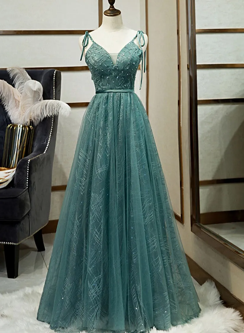 Green Straps V-neckline Floor Length Party Dress, Simple Junior Prom Dresses