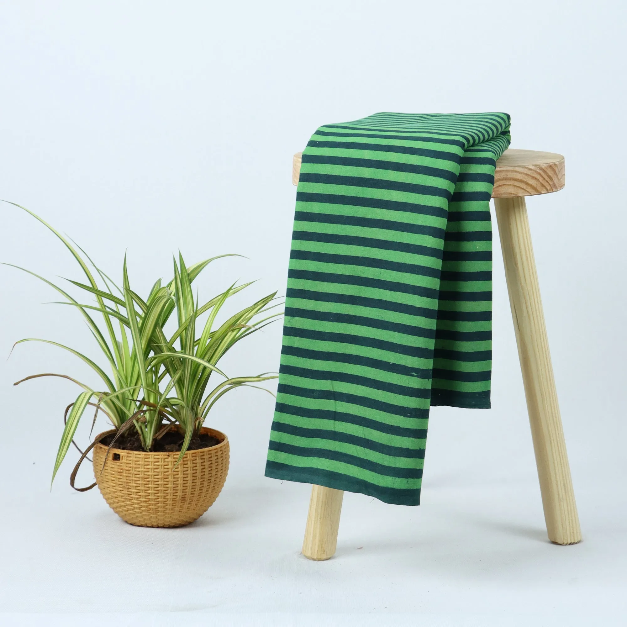 Green Stripes Printed Cotton Running Fabric