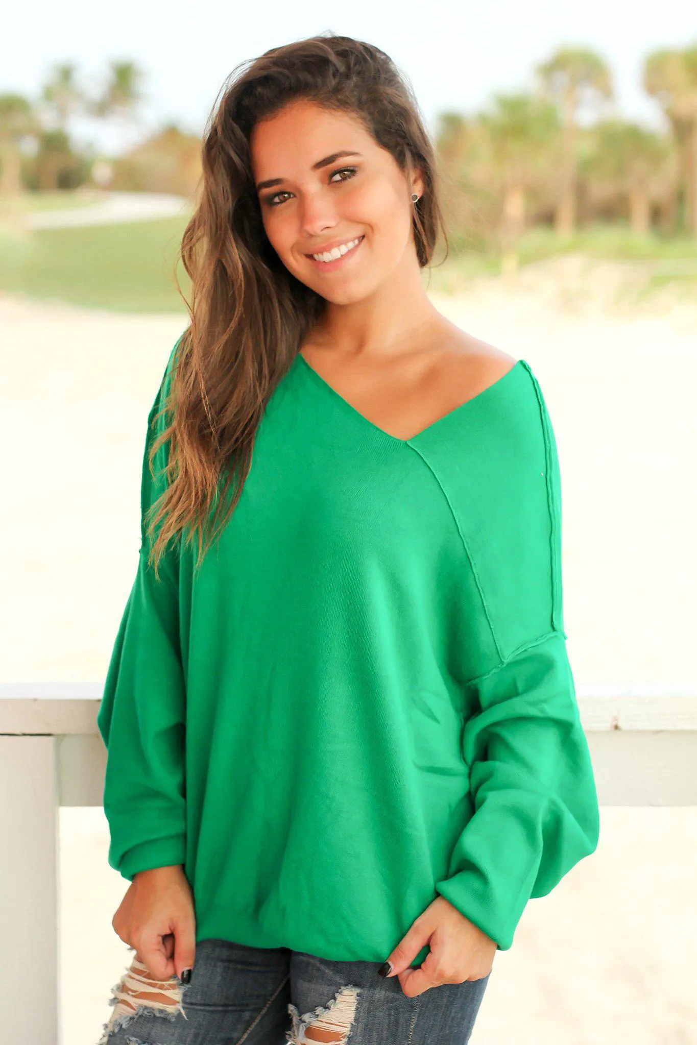 Green Sweater with Asymmetrical Hem