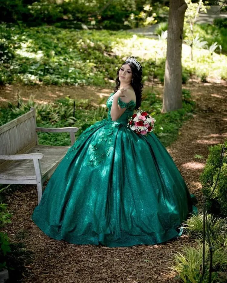 Green Sweet 16 Quinceanera Dress Sequined Sparkly Lace Pageant Party Dress Ball Gown Mexican Birthday Gown