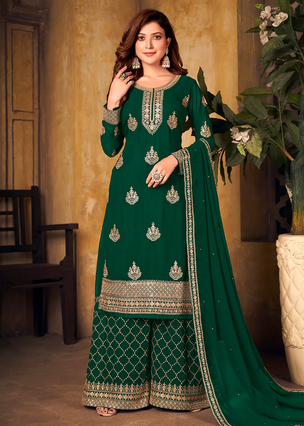 Green Thread & Zari Embroidered Palazzo Suit with Dupatta