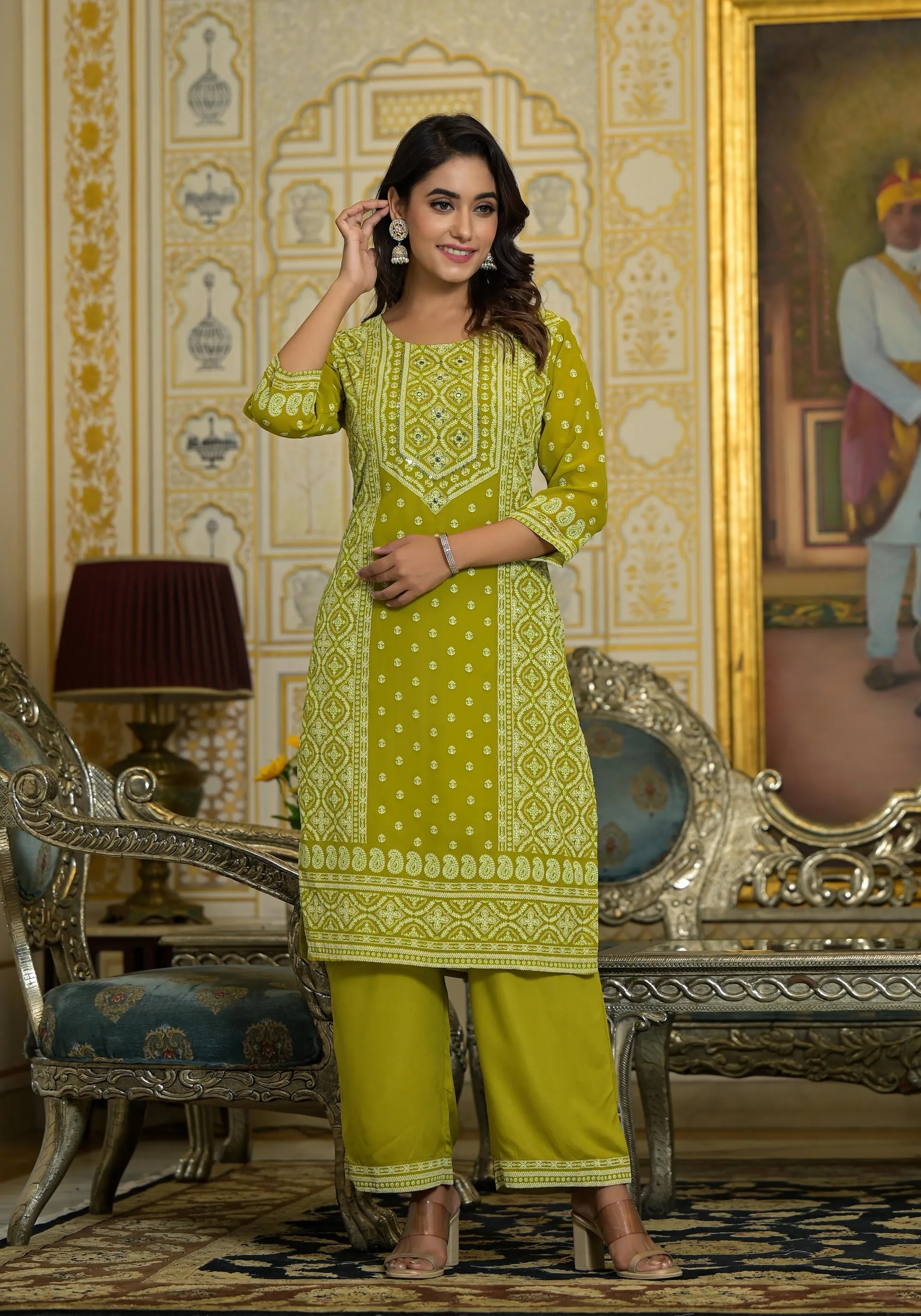 Green Thread Embroidered Georgette Kurta Pant And Dupatta Set With Mirror Work & Sequins