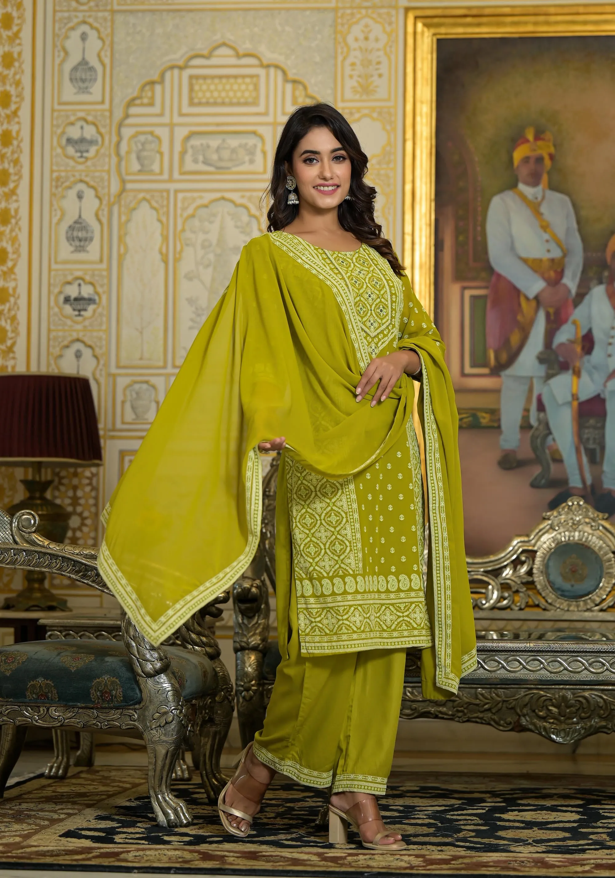 Green Thread Embroidered Georgette Kurta Pant And Dupatta Set With Mirror Work & Sequins