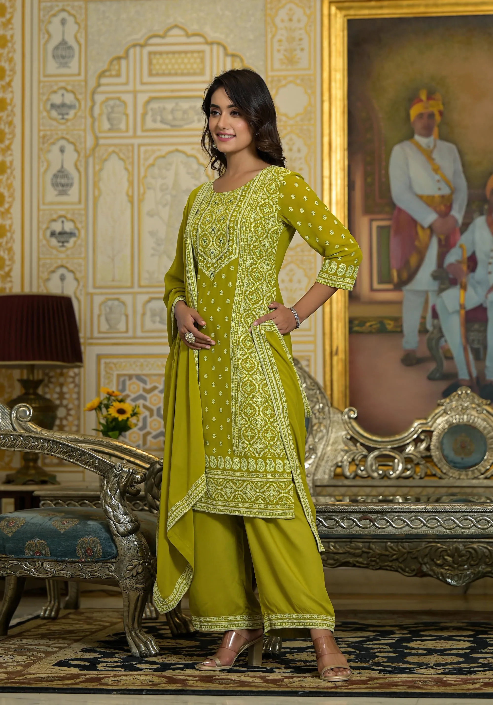 Green Thread Embroidered Georgette Kurta Pant And Dupatta Set With Mirror Work & Sequins