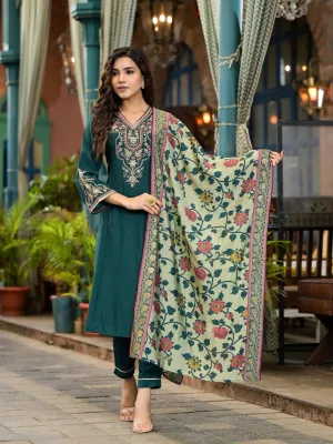 Green Thread Embroidered Viscose Kurta Set With Zari & Mirror Work