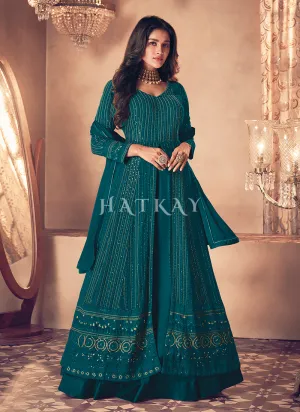 Green Traditional Sequence Embroidered Wedding Anarkali Lehenga