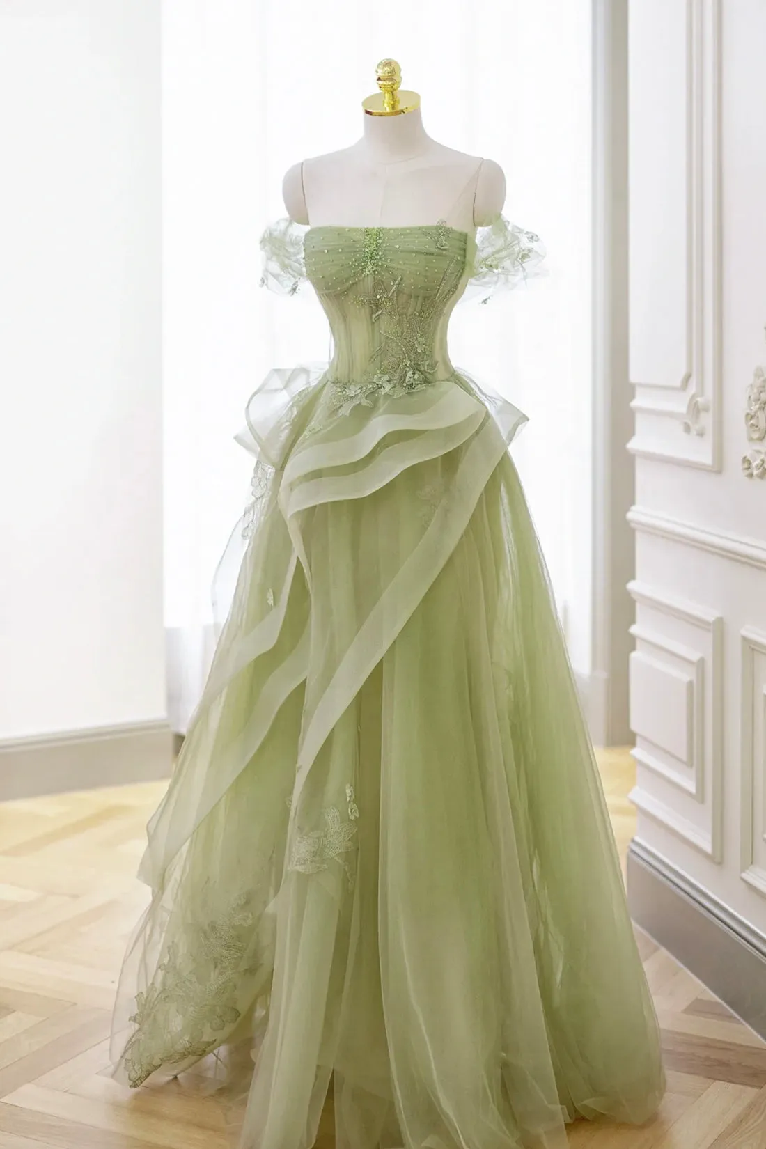 Green Tulle Lace Long Prom Dress with Corset, Green Formal Party Dress