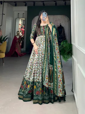 Green Tussar Silk Floral Gown with Foil Print & Dupatta