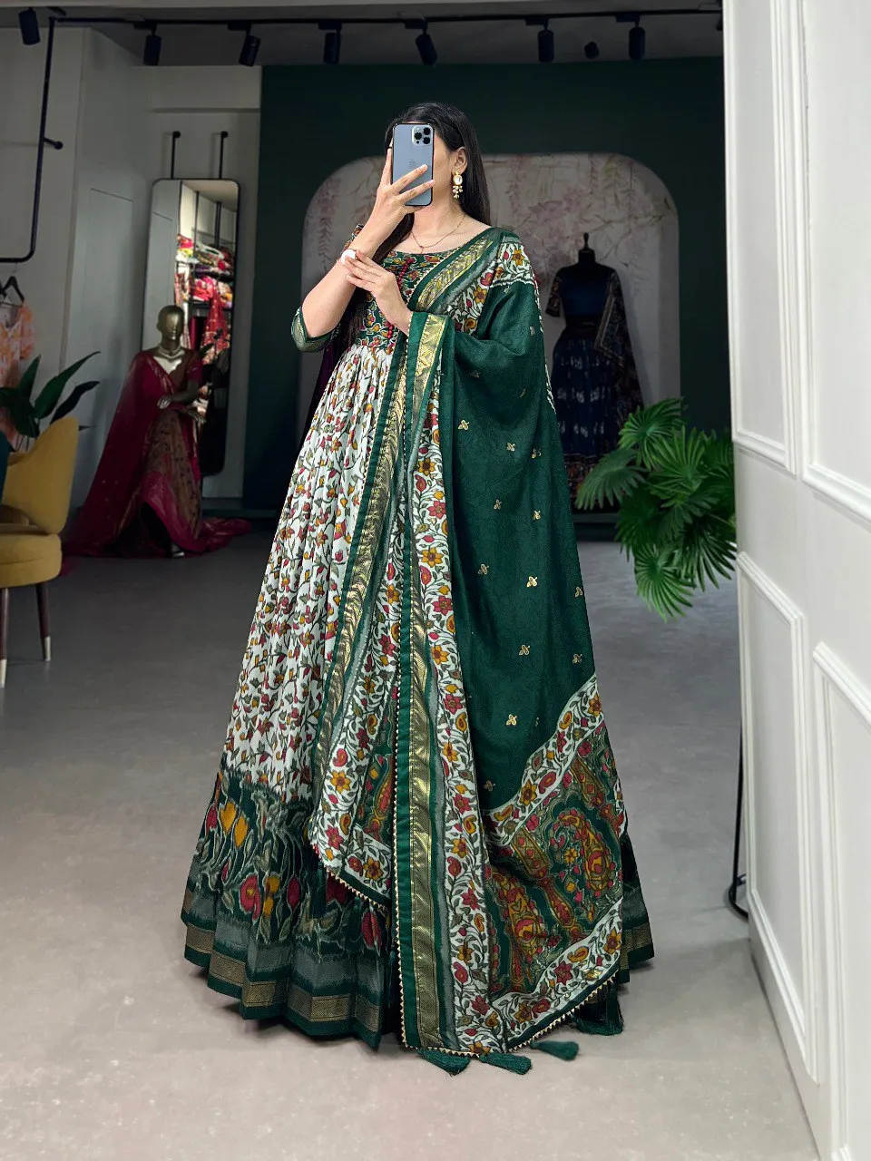 Green Tussar Silk Floral Gown with Foil Print & Dupatta