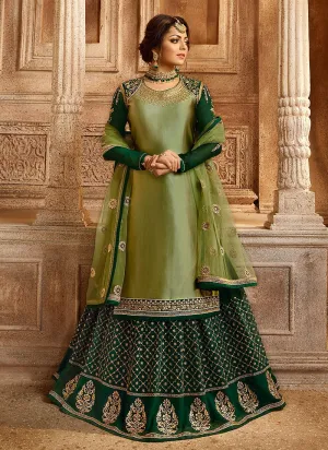 Green Two Tone Dual Bottom Lehenga/Pant Kurti Set