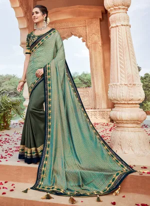 Green Two Tone Multi Embroidered Saree