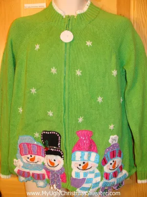 Green Ugly Christmas Sweater with Festive Snowmen