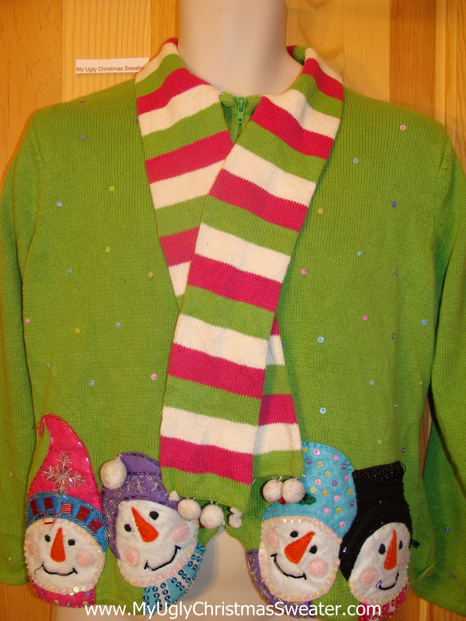 Green Ugly Christmas Sweater with Scarf and Snowmen