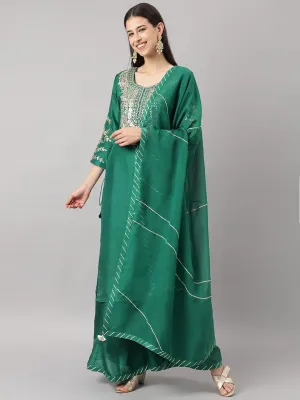 Green Uppada Silk Hand Embroidery Kurta Sharara With Organza Dupatta