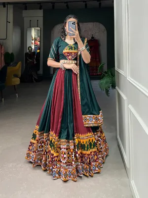 Green Vibrant Printed Silk Lehenga with Gamthi & Mirror Work