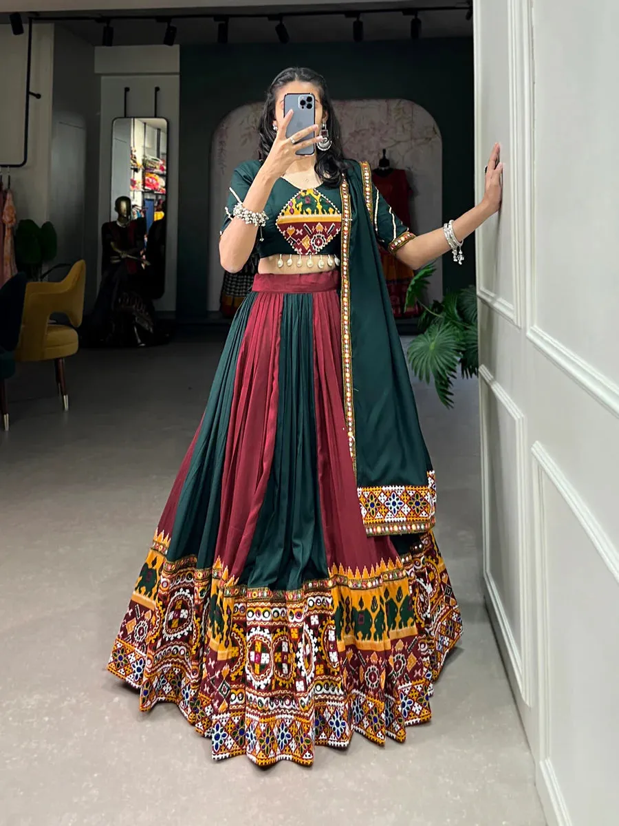 Green Vibrant Printed Silk Lehenga with Gamthi & Mirror Work