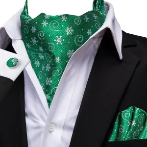 Green White Christmas Snowflakes Ascot Pocket Square Cufflinks Set