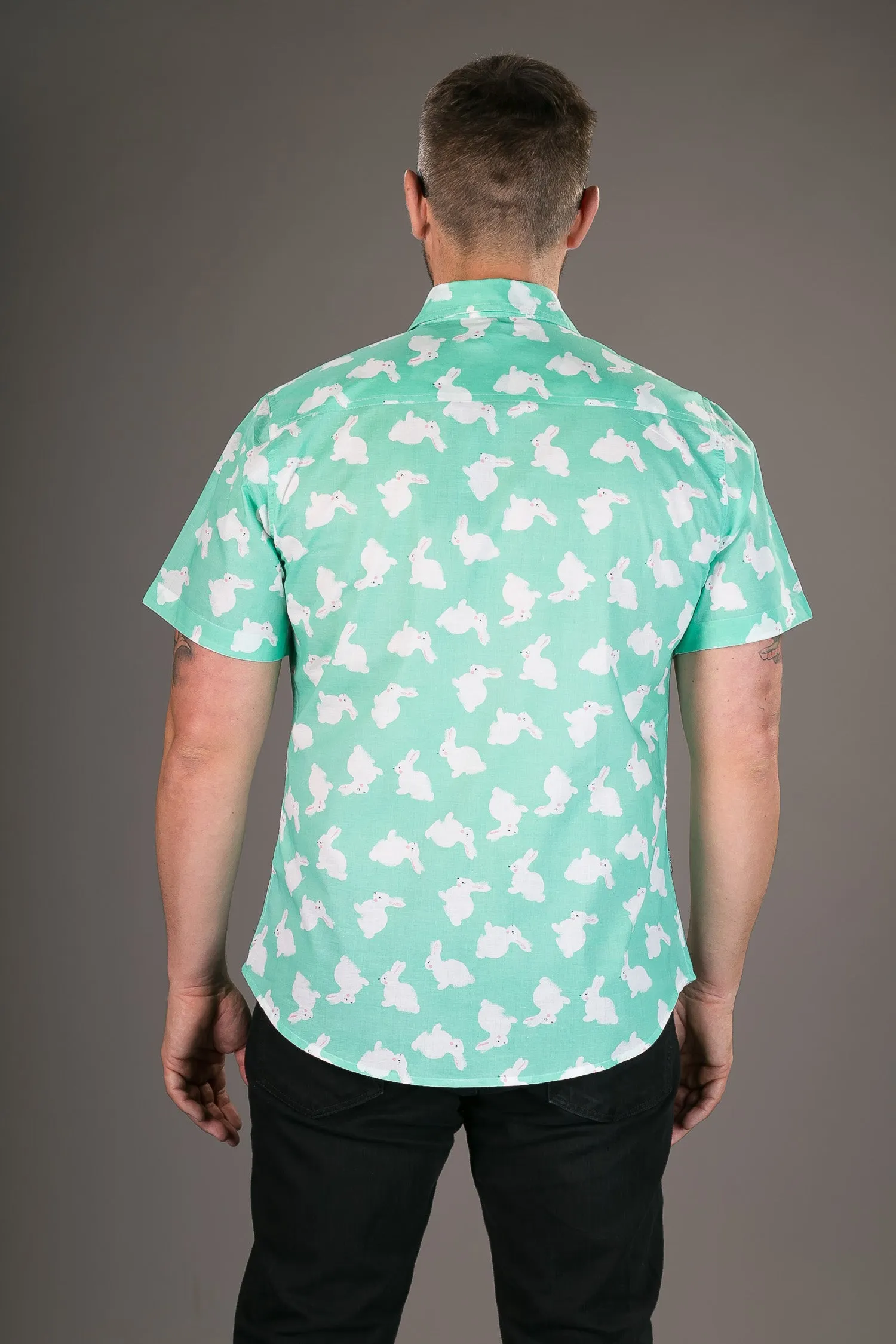 Green White Rabbit Print Cotton Slim Fit Mens Shirt Short Sleeve