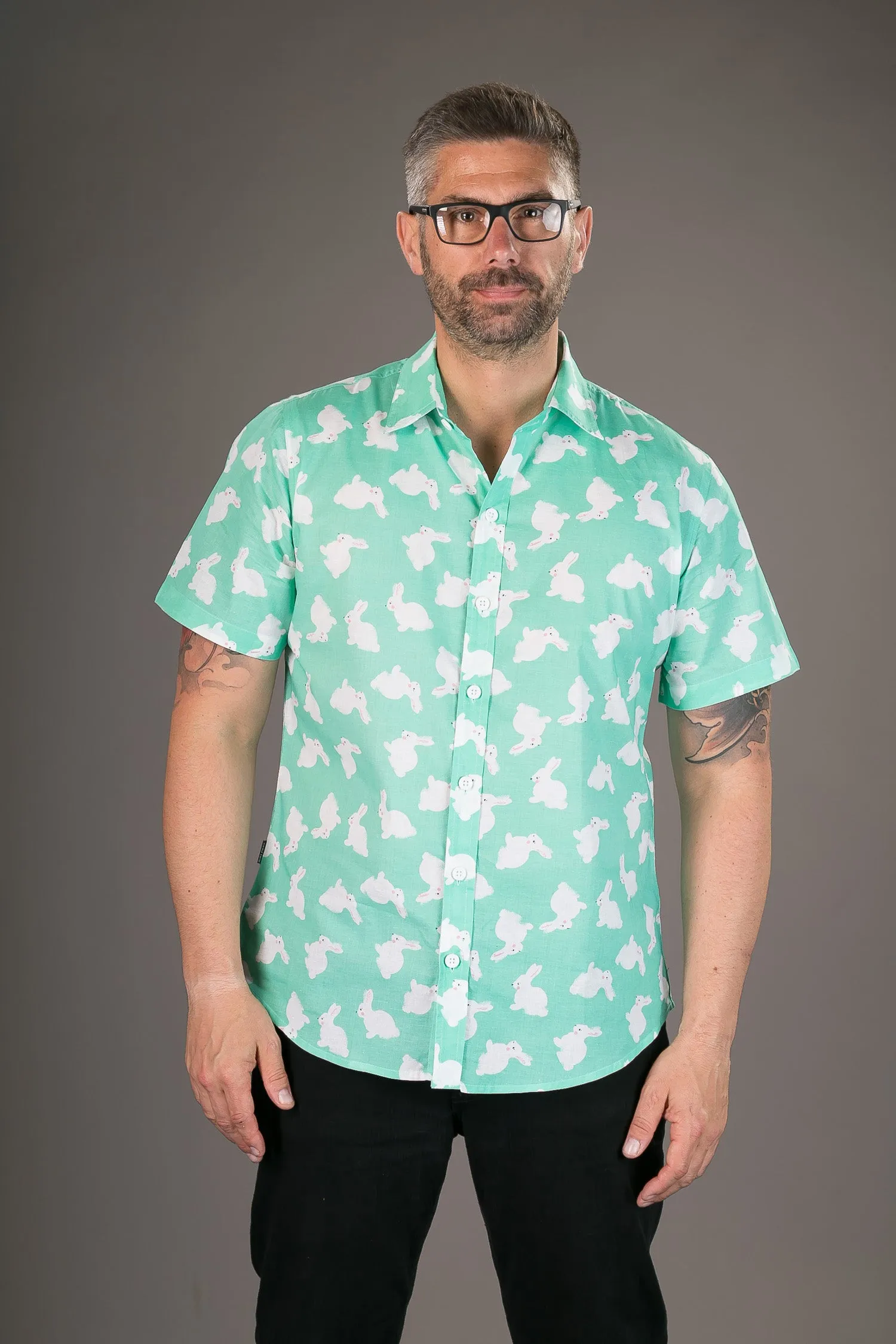 Green White Rabbit Print Cotton Slim Fit Mens Shirt Short Sleeve