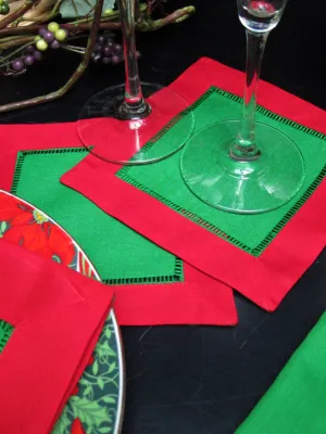 Green with Red Border Hemstitch Napkin 6" Inch