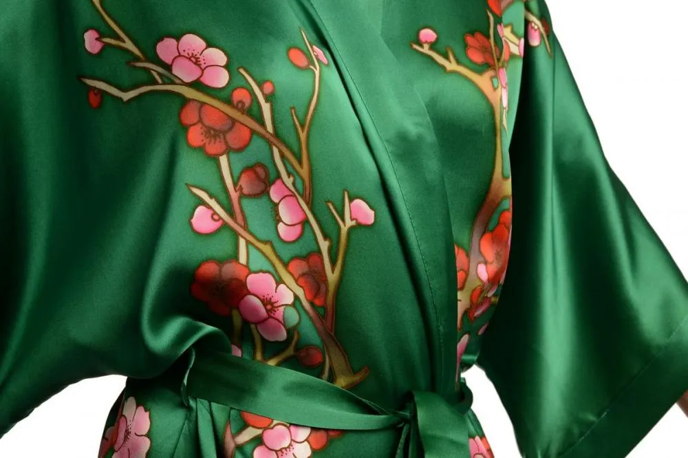 Green With Sakura Bloom Luxurious Silk Dressing Gown (Robe)