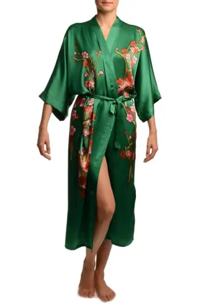 Green With Sakura Bloom Luxurious Silk Dressing Gown (Robe)