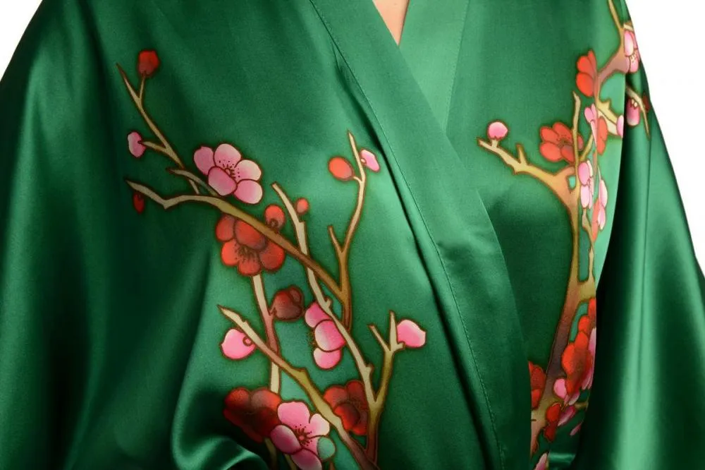 Green With Sakura Bloom Luxurious Silk Dressing Gown (Robe)