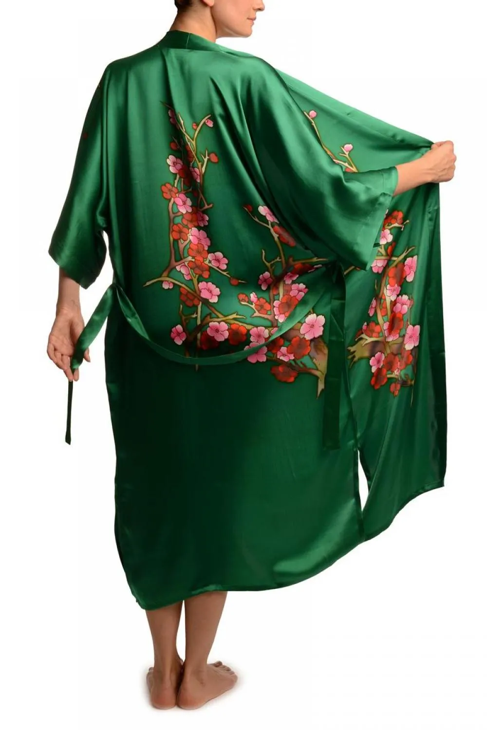 Green With Sakura Bloom Luxurious Silk Dressing Gown (Robe)