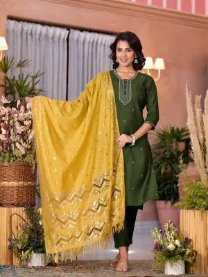 Green Zari Embroidered Viscose Kurta Pant And Dupatta Set With Tassels On Dupatta