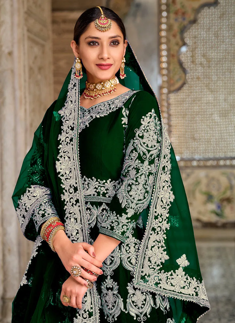 Green Zari Embroidered Wedding Anarkali Lehenga