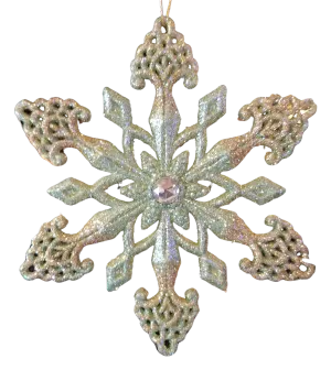 Green/Gold Snowflake Ornament with Design & Crystal Gem Glitter 5" Resin